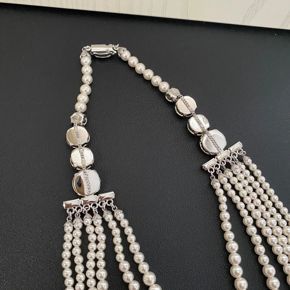 Alessandra Rich Ivory Pearl Multi-Strand Necklace with Crystal Drop